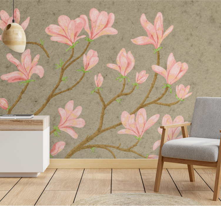 Flowers wall mural pink magnolia blossoms - TenStickers