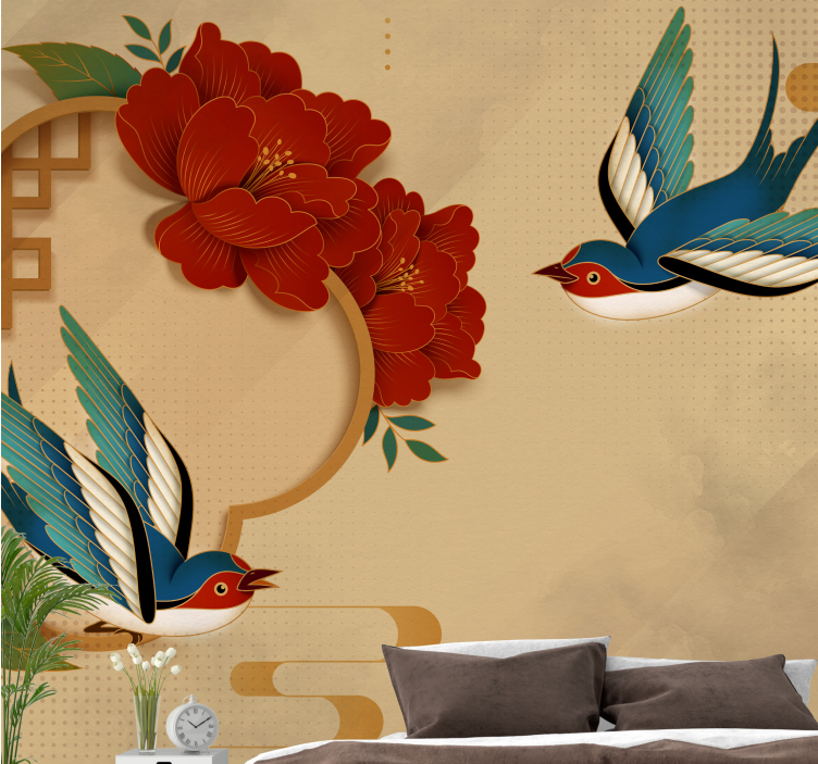 Flowers wall mural swallow and blossoms - TenStickers
