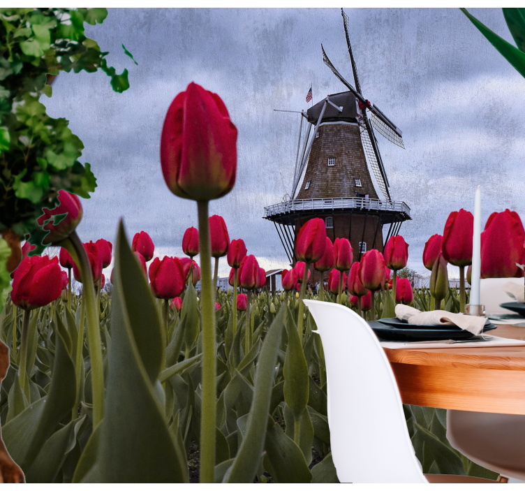 Flowers wall mural tulip meadow windmill - TenStickers
