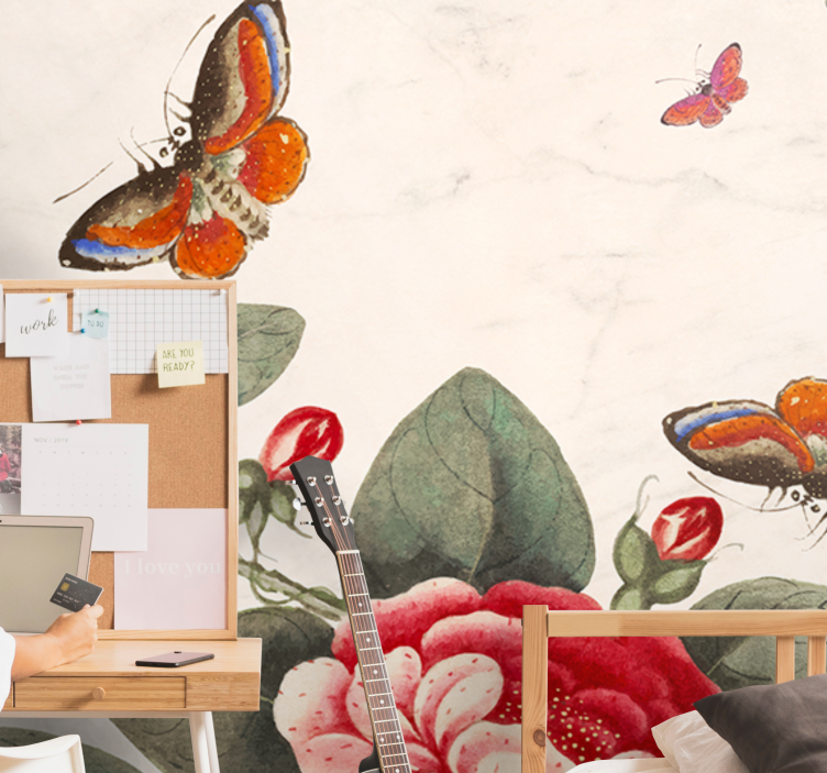 Flowers wall mural with fluttering insects and blooms - TenStickers