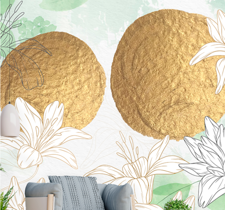Flowers wall mural with golden floral highlights - TenStickers