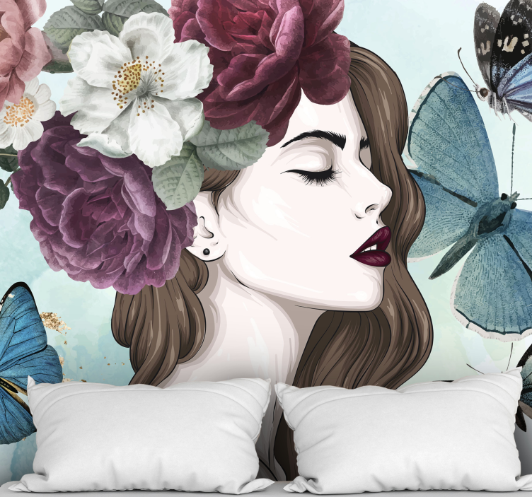 Flowers wall mural woman with butterflies - TenStickers