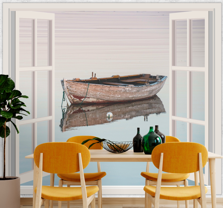Lake mural wallpaper rustic boat reflection - TenStickers