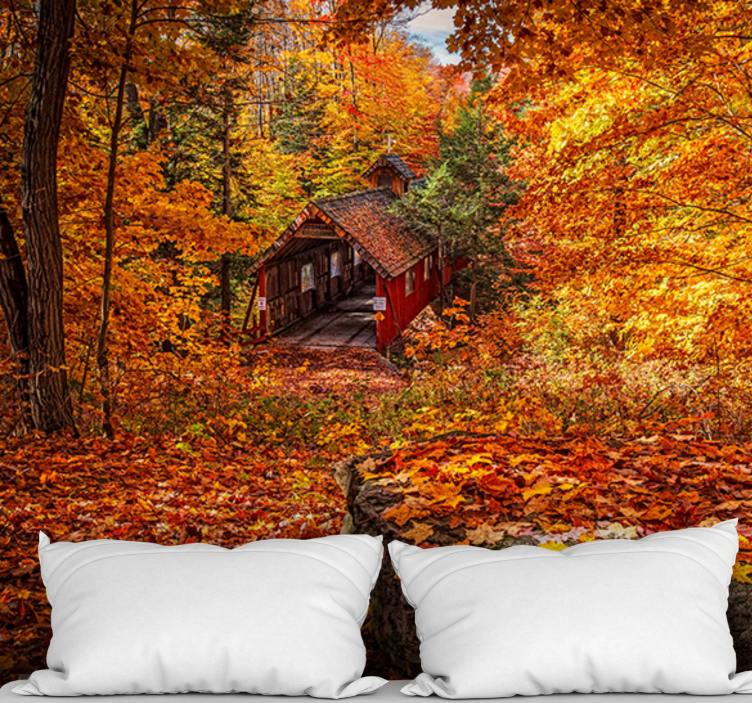 Landscape wall mural autumn covered bridge - TenStickers