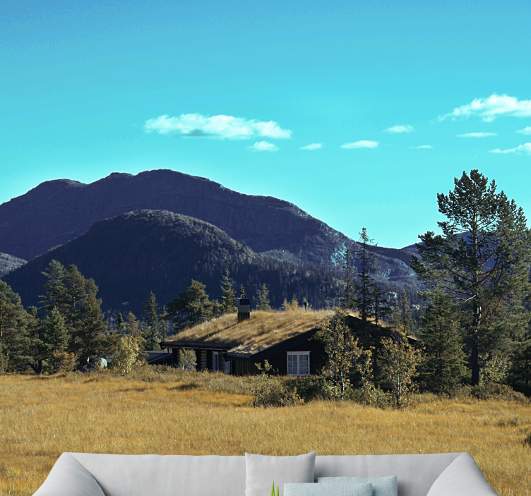 Landscape wall mural mountain cabin escape - TenStickers