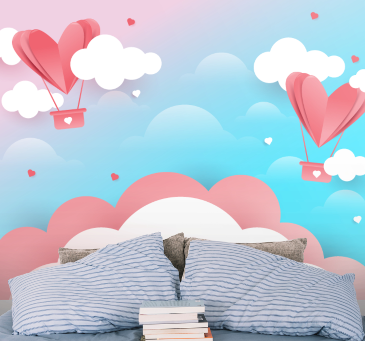 Love wall mural with floating heart balloons - TenStickers
