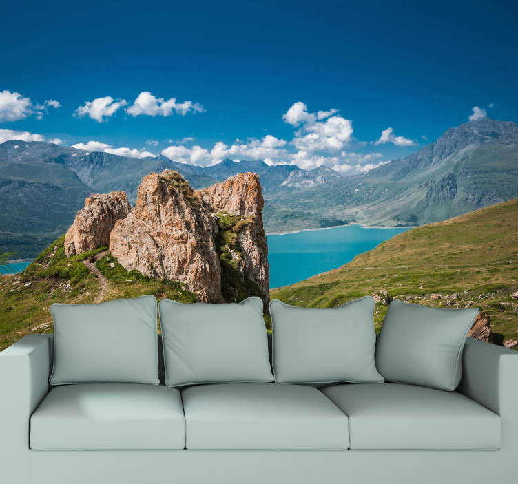 Mountainous Lakeside Vista landscape wall mural - TenStickers