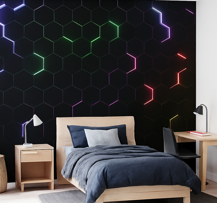 Neon 3D hexagons murals for teenage bedrooms - TenStickers