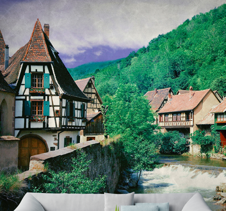 Picturesque River Village wall mural city - TenStickers