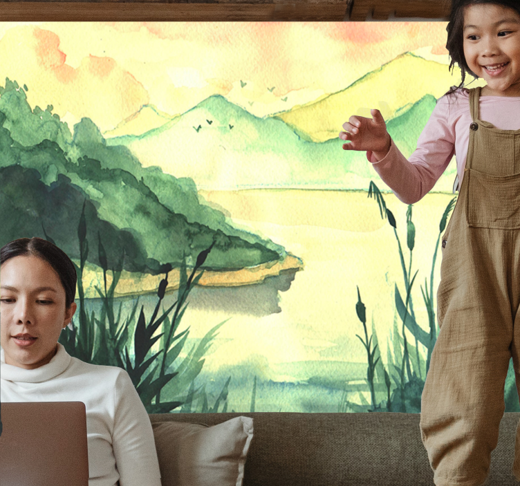 Serene handrawing landscape lake mural wallpaper - TenStickers