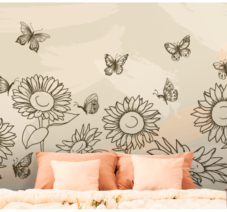 Sunflower Butterfly Sketch flowers wall mural - TenStickers