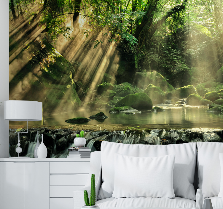 Sunlit Forest Stream nature wall mural - TenStickers