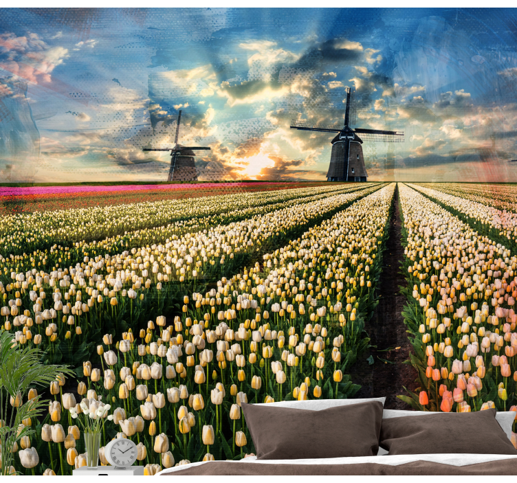 Tulip Field Sunrise flowers wall mural - TenStickers
