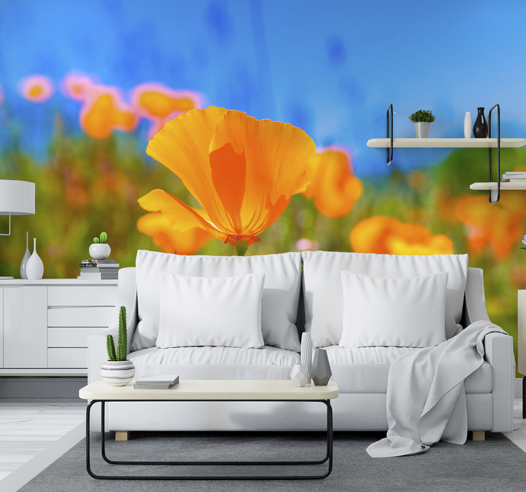 Vibrant poppy blooms living room wall mural - TenStickers
