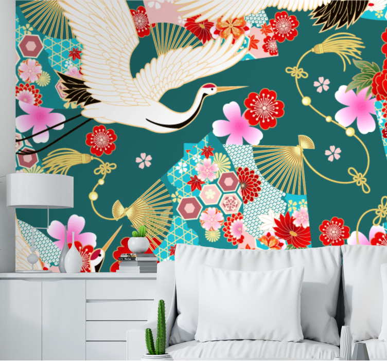 Wall mural animals cranes and blossoms - TenStickers