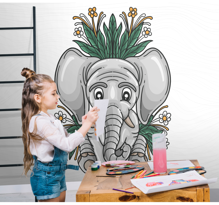 Wall mural animals elephant with flowers - TenStickers