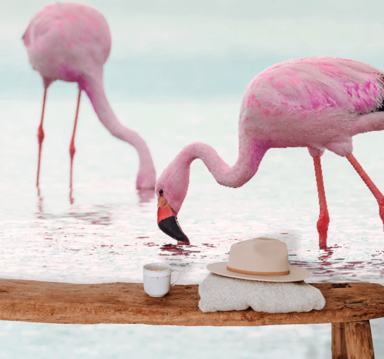 Wall mural animals flamingo feeding scene - TenStickers