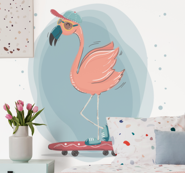 Wall mural animals flamingo skateboarding fun - TenStickers