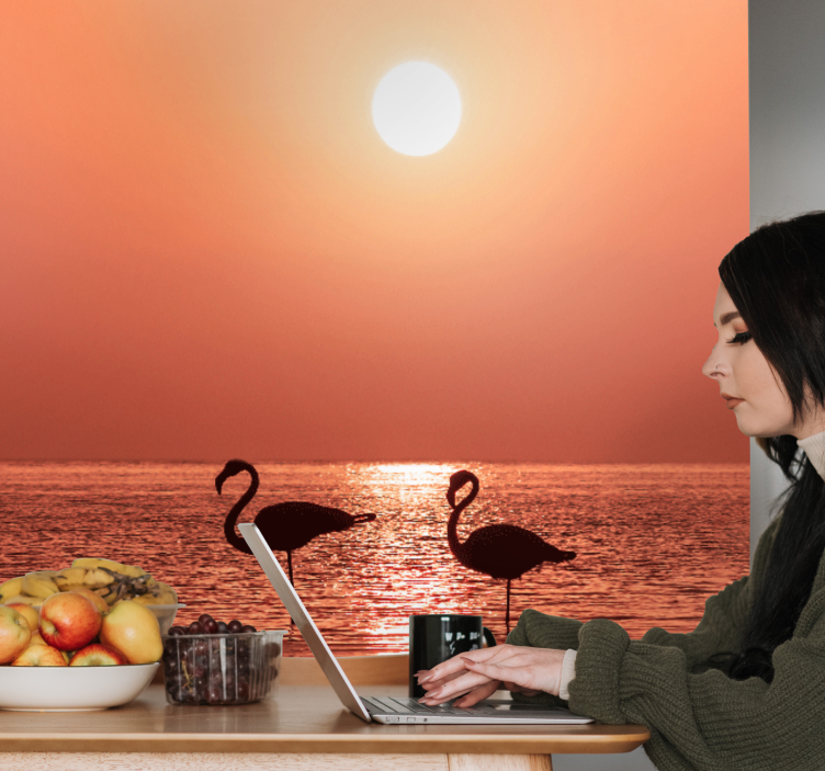 Wall mural animals flamingo sunset scene - TenStickers