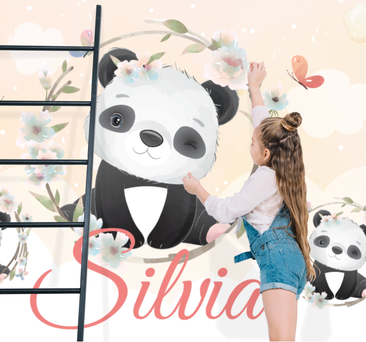 Wall mural animals panda with flowers - TenStickers
