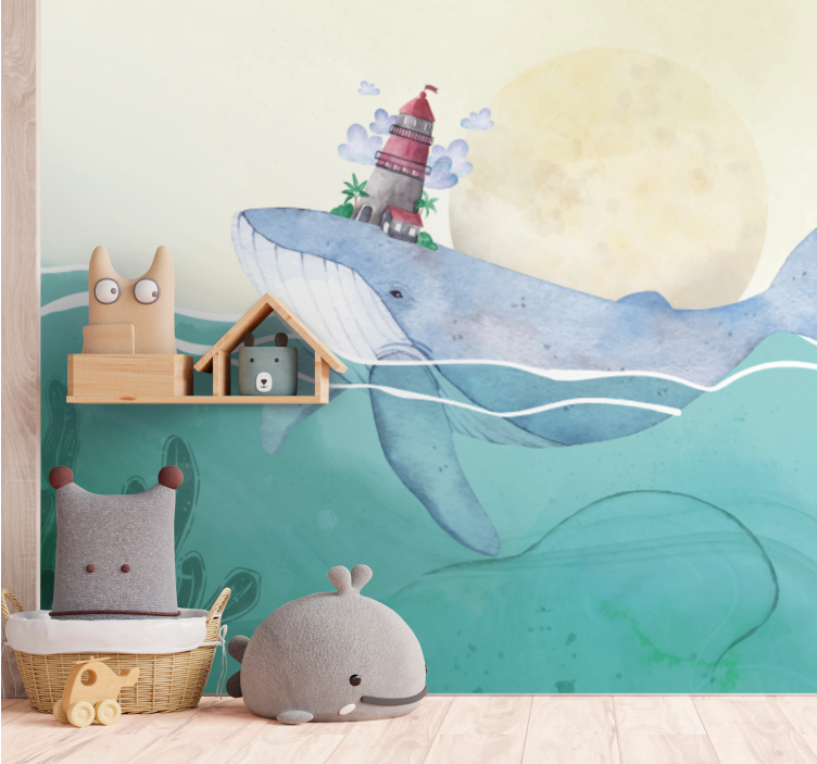 Wall mural animals whale with lighthouse - TenStickers