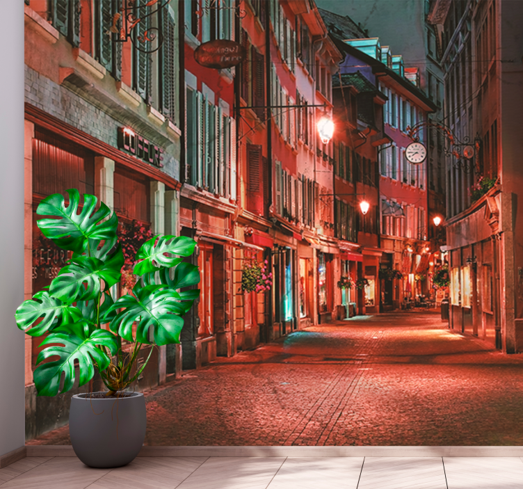 Wall mural city charming cobblestone street - TenStickers
