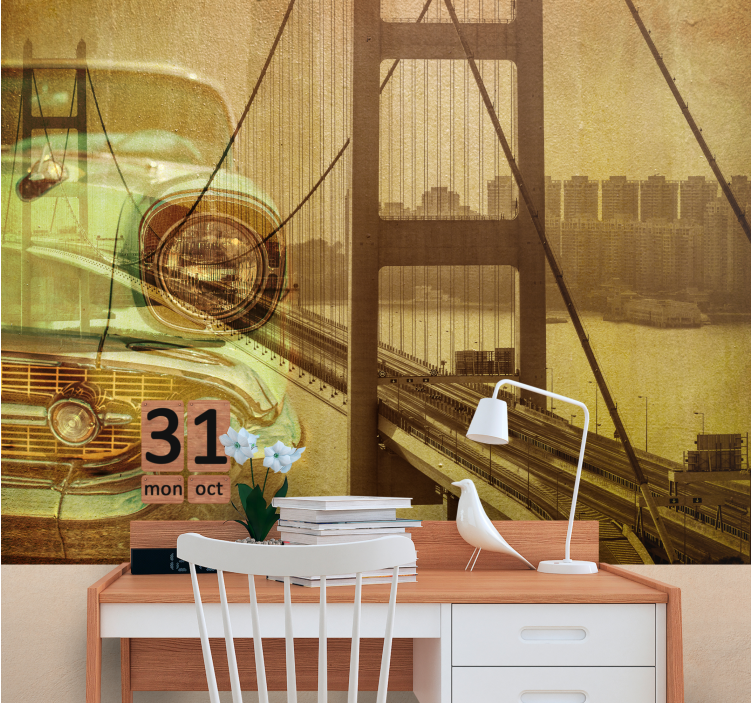 Wall mural city vintage car bridge art - TenStickers