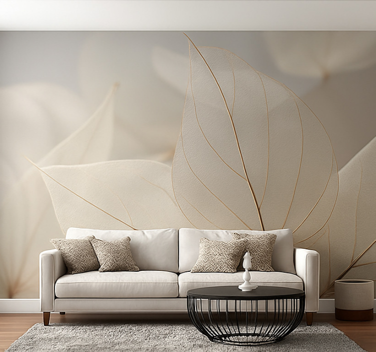 White skeletal leaves living room wall mural - TenStickers