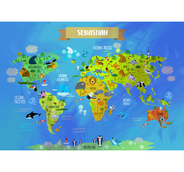 World map with animals Wall Murals for Bedrooms - TenStickers