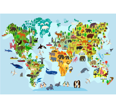Children worldmap with monuments and animals world map wall mural - TenStickers