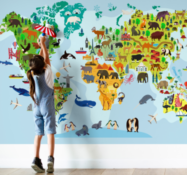 Children worldmap with monuments and animals world map wall mural - TenStickers