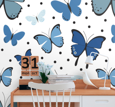 Childrens bedroom wall mural blue butterfly design - TenStickers