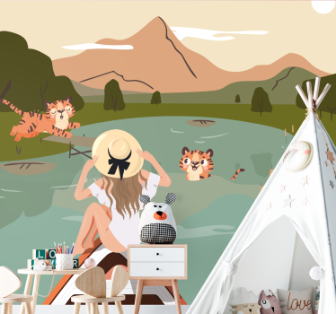Childrens bedroom wall mural tiger adventure scene - TenStickers