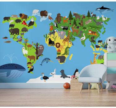 Minimalistic world map animal wall mural - TenStickers