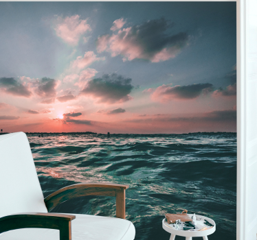 Sea wall mural sunset over waves - TenStickers