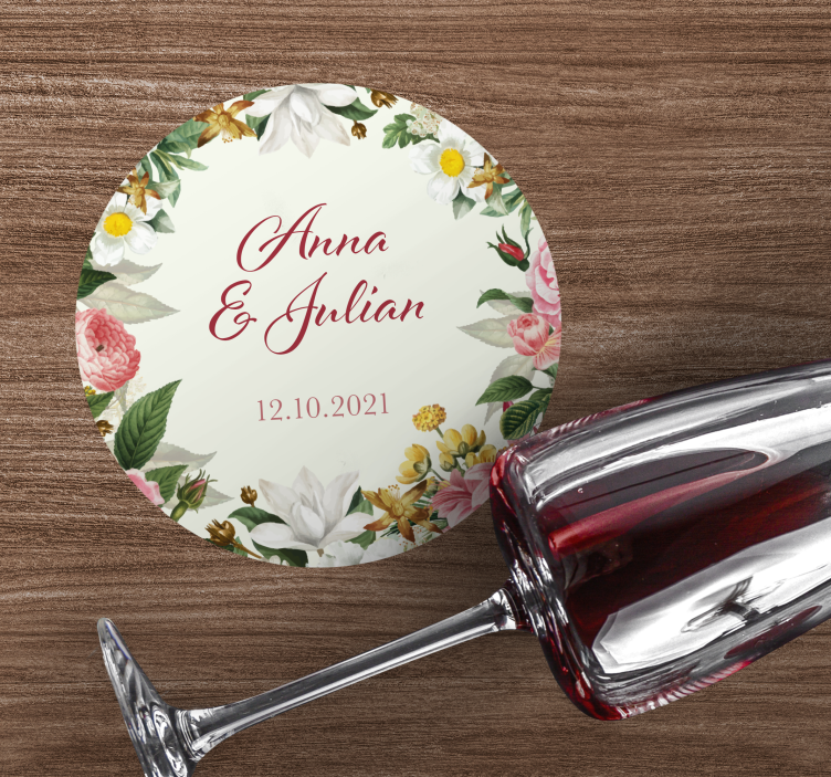 Floral pattern with names wedding coaster - TenStickers