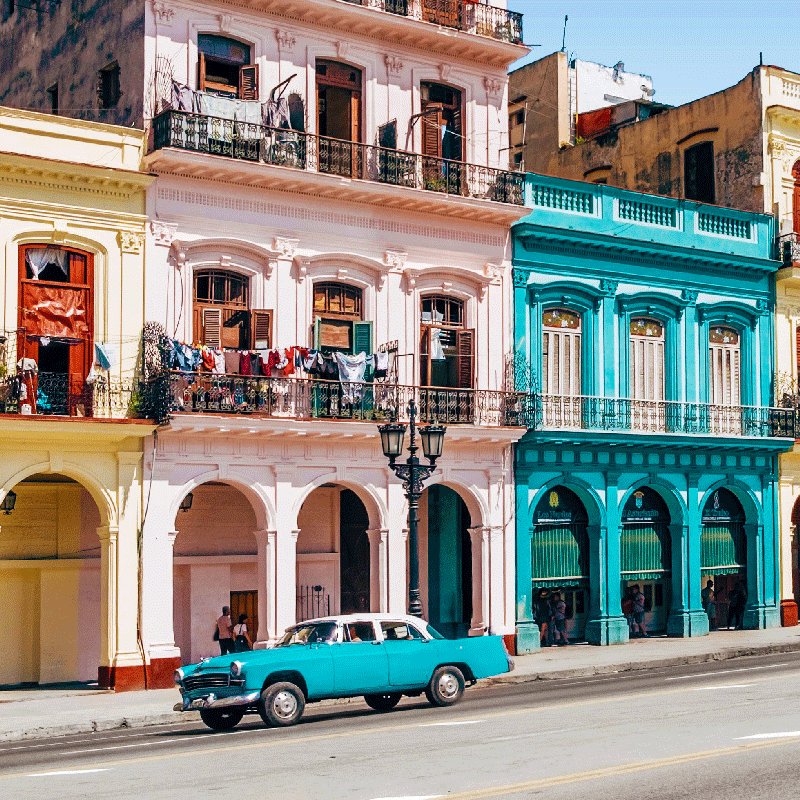 Living room poster with blue and pink street design - TenStickers