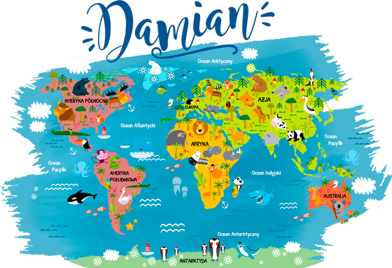 Map poster world map animals with polish names - TenStickers