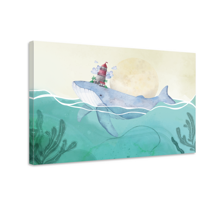 Nautical canvas art whale and lighthouse - TenStickers