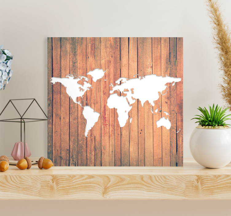 White worldmap on wood tables wall canvas - TenStickers