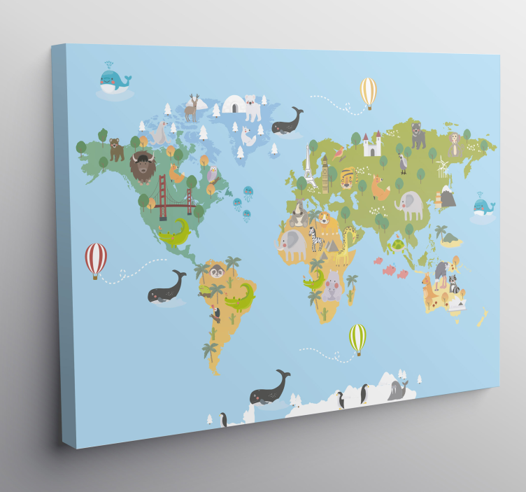 World map wall art whimsical animal map - TenStickers