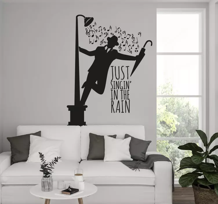 Man with singing in the rain text shower screen sticker - TenStickers