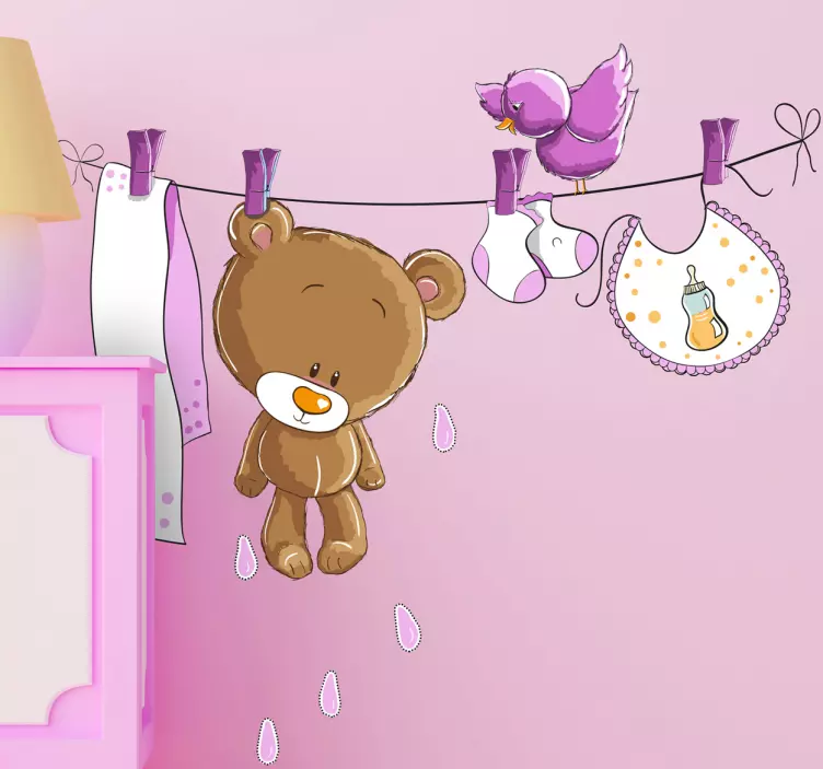 Bear pink clothesline wall sticker - TenStickers