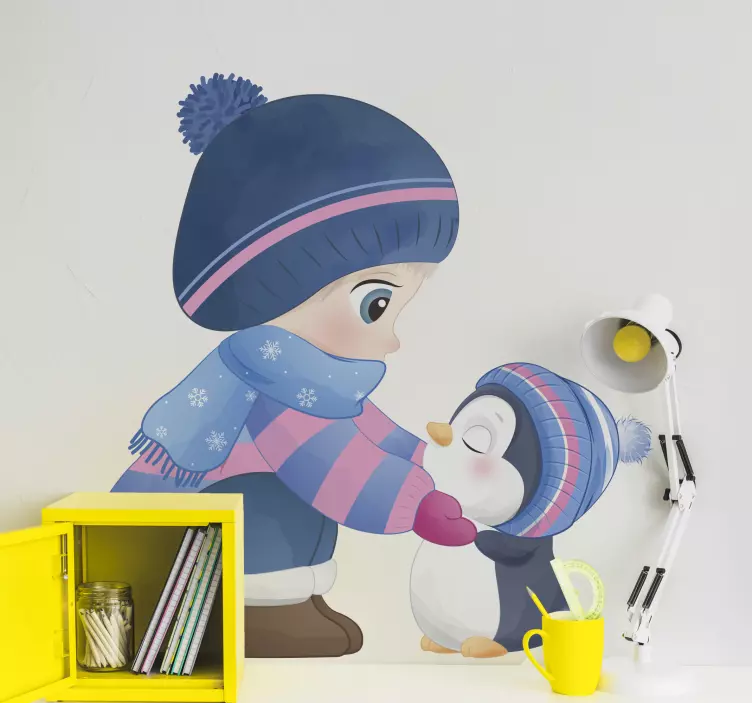 Anime girl with a penguin illustration sticker - TenStickers