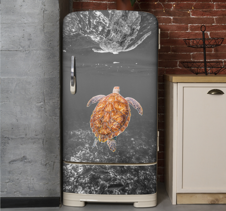 Black and white turtle swimming fridge decal - TenStickers