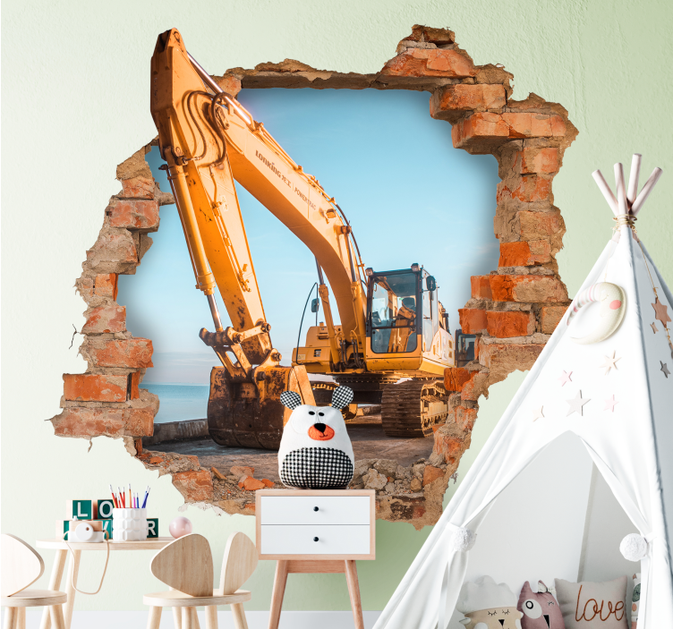 Broken wall with three excavators 3D sticker - TenStickers