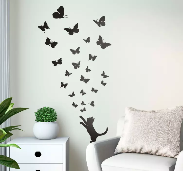 Cat Chasing Collection of Butterflies Sticker - TenStickers