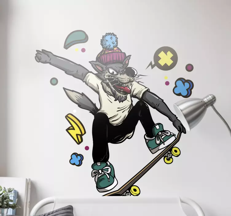 Cat sticker skateboarding wolf design - TenStickers