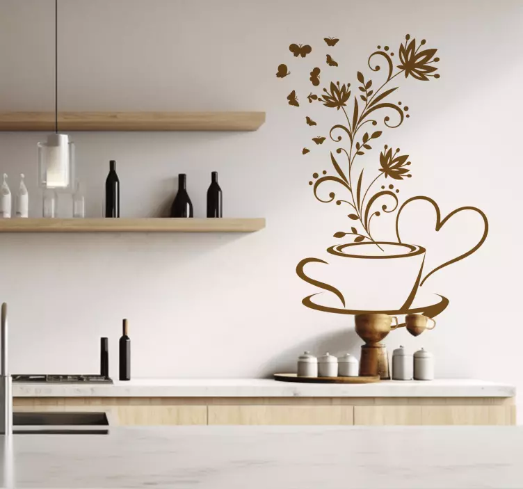 Coffee with flowers kitchen wall decal - TenStickers