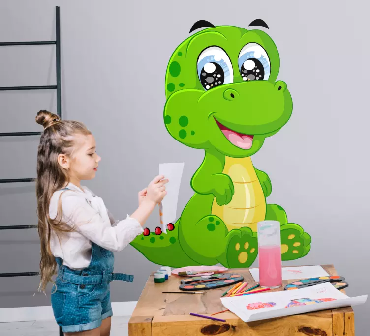 Cute little green dinosaur wall decal - TenStickers